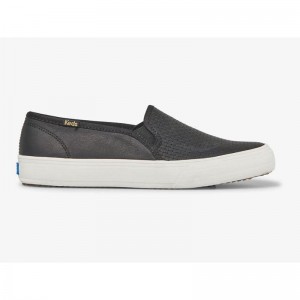 Keds Double Decker Emboss Slip On Leather Sneakers Kadın Siyah | ECVUH-7192