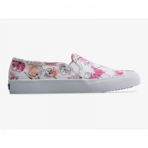 Keds Double Decker Kanvas Watercolor Floral Print Makosen Ayakkabı Kadın Beyaz Pembe | TSUWM-8726