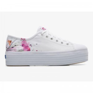 Keds Triple Up Kanvas Painterly Floral Lace Ups Kadın Beyaz Pembe | ARWXO-2314
