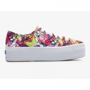 Keds Triple Up Watercolor Floral Lace Ups Kadın Beyaz Mor | SYAHM-5741