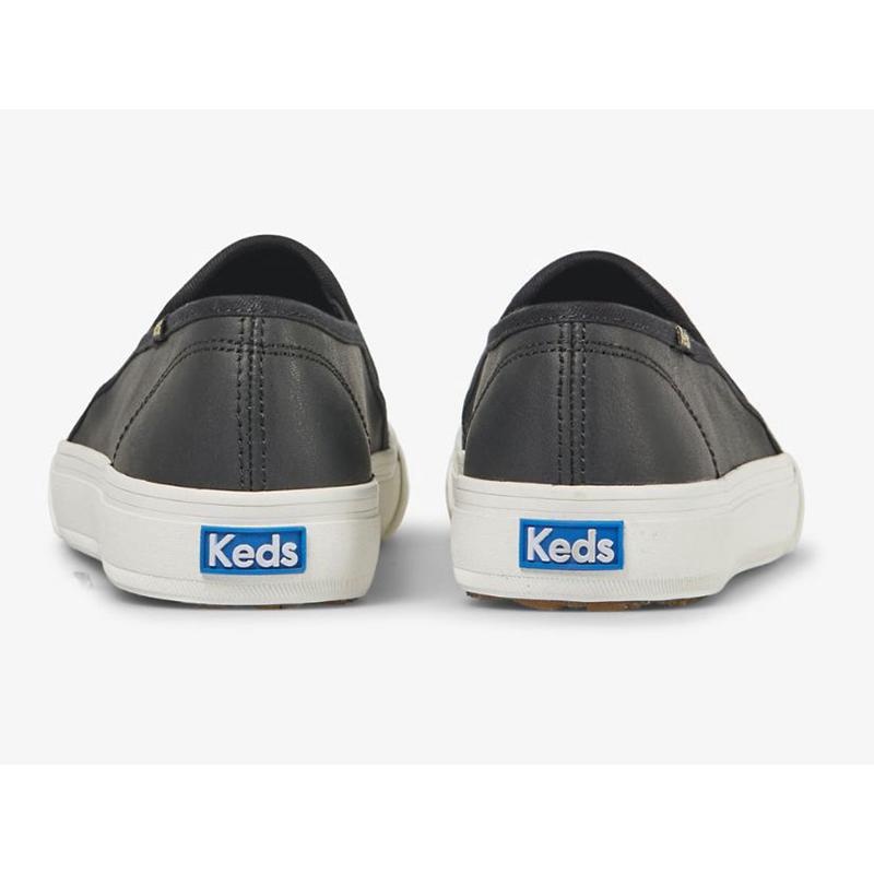 Keds Double Decker Emboss Slip On Leather Sneakers Kadın Siyah | ECVUH-7192