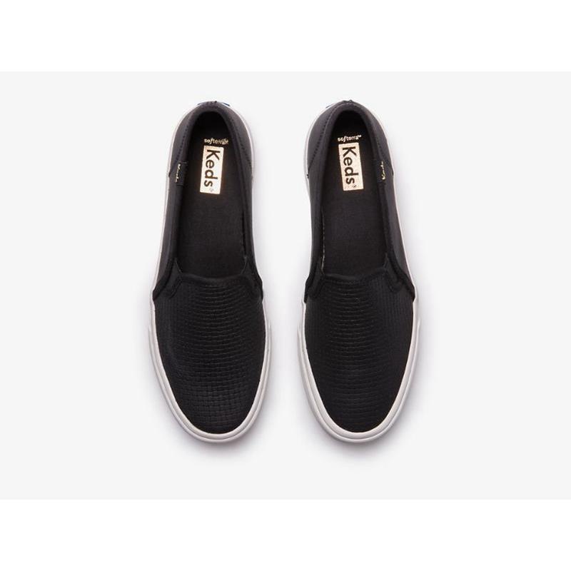 Keds Double Decker Emboss Slip On Leather Sneakers Kadın Siyah | ECVUH-7192
