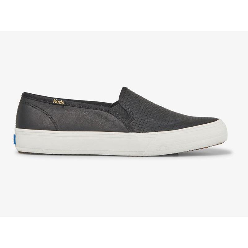 Keds Double Decker Emboss Slip On Leather Sneakers Kadın Siyah | ECVUH-7192