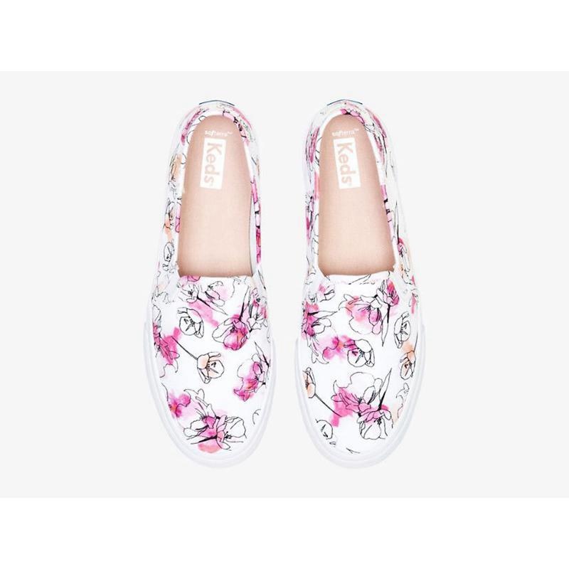 Keds Double Decker Kanvas Watercolor Floral Print Makosen Ayakkabı Kadın Beyaz Pembe | TSUWM-8726