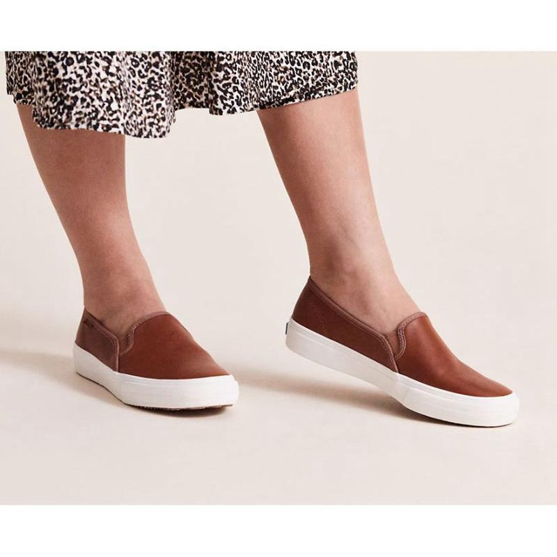 Keds Double Decker Slip On Leather Sneakers Kadın Kahverengi | ICZUH-2830